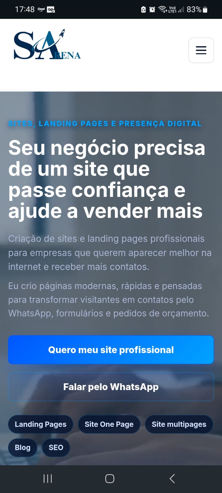 Visual do site aberto no celular
